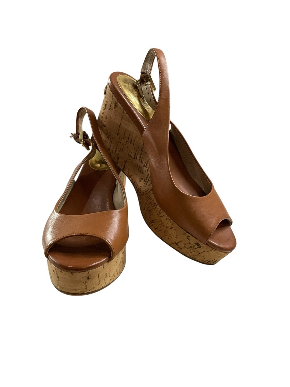 MICHAEL Michael Kors Brown Leather Cork Wedge Slingback Peep-Toe Sandals